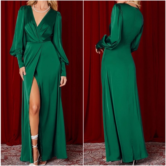 Luxe Satin Split Thigh Party Wedding Formal Maxi Dress - Picture 2 of 4